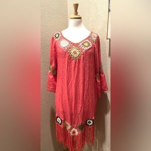 NEW Boho Crochet Fringe Colorful Swim Coverup Dress S